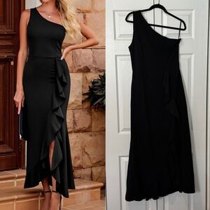 Chic One-Shoulder Black Dress with Ruffle Detail
